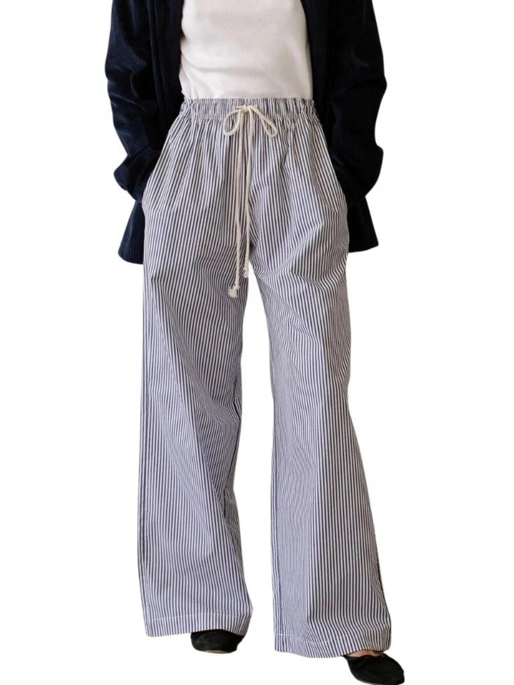 Donni The Pop Striped Wide Leg Pants Cotton Poplin Coastal Green White - Small